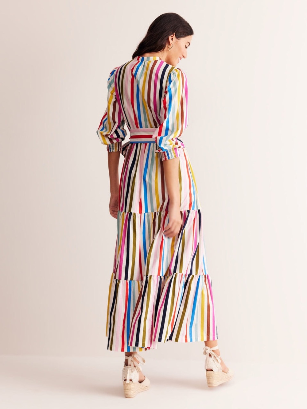 Boden Alba Rainbow Stripe Cotton Tiered Maxi Dress Belted Vertical Stripe US8 - Picture 7 of 16